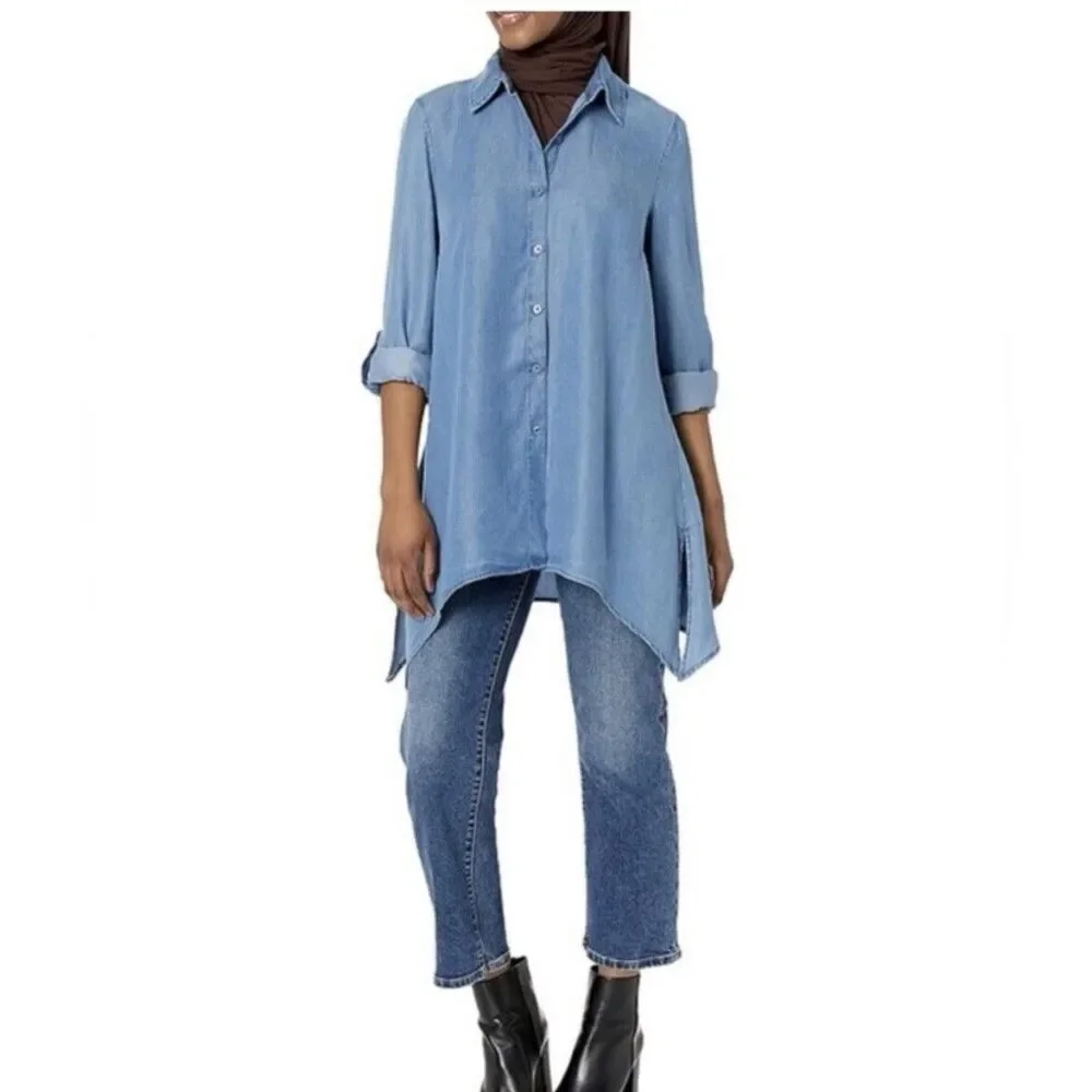 Zac & Rachel Women 2X Chambray Button Up Shirt Blue Tunic Roll Tab Sleeve Top - Picture 1 of 9